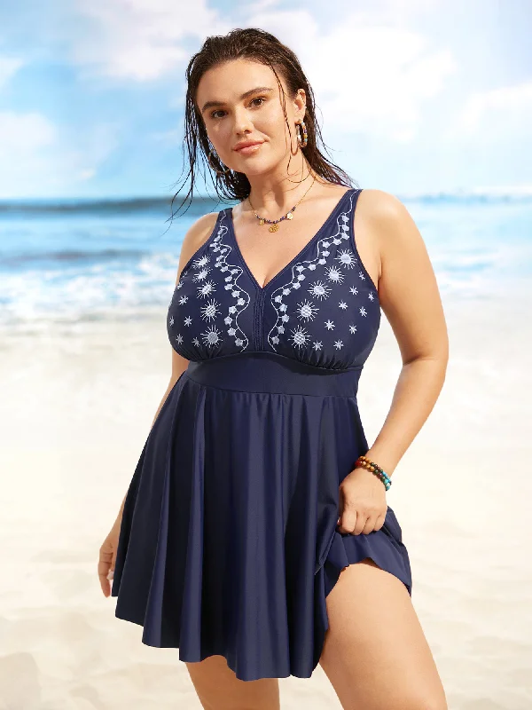 V Neck Moon & Star Embroidered Gathered Swim Dress