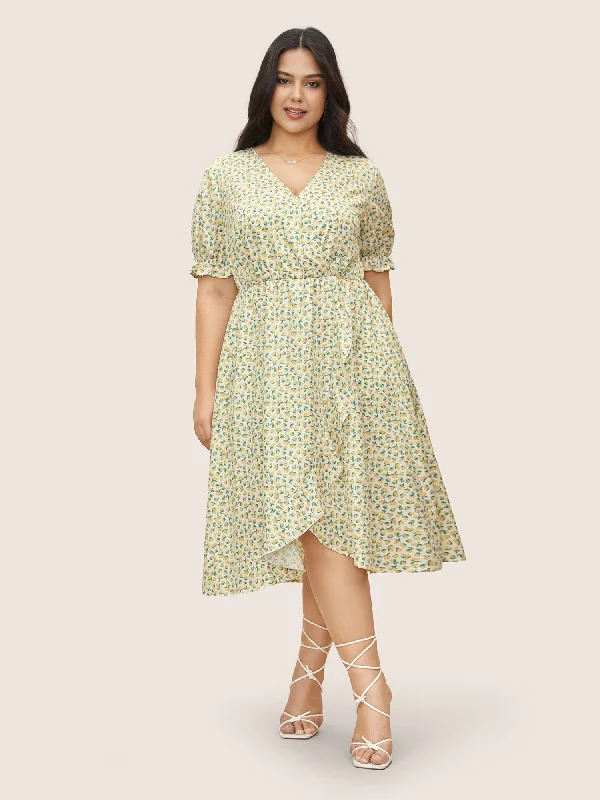 Citrus Lemon Print Overlap Collar Lantern Sleeve Dress