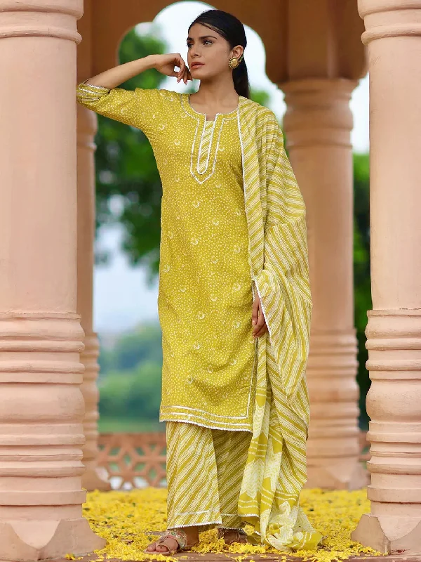 Lime Green Printed Cotton Straight Suit With Dupatta