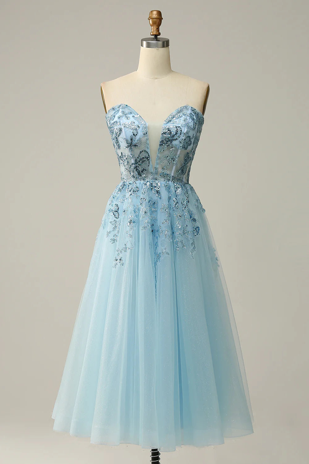 A Line Midi Sweetheart Sequins Sky Blue Prom Dress