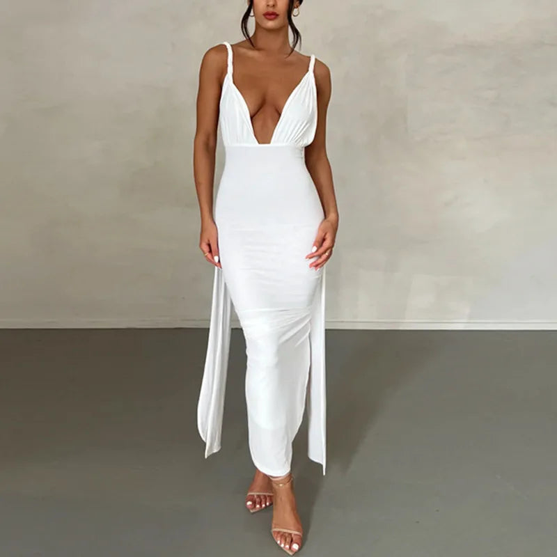 Sexy Deep Bare High Irregular Tight Female Midi Dresses