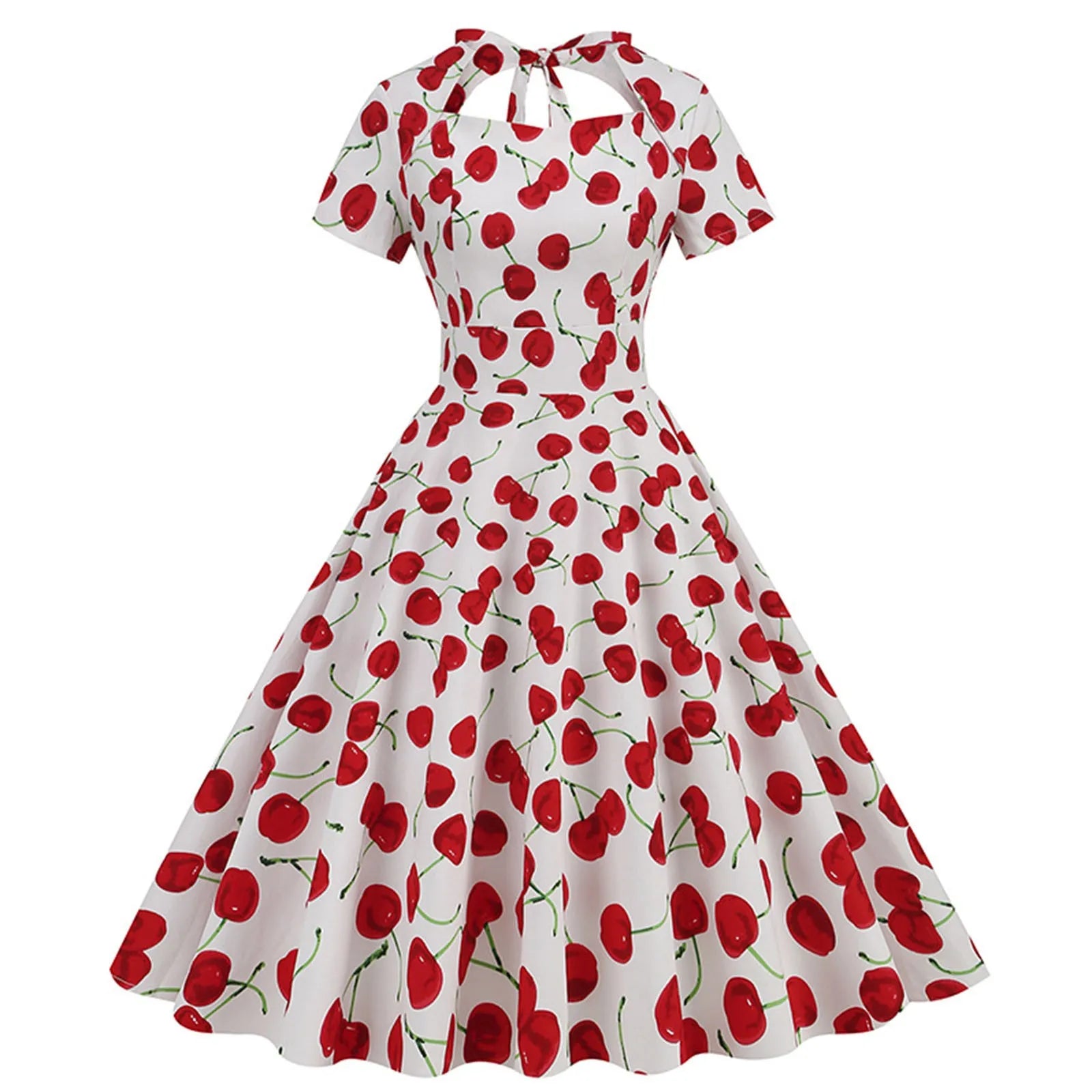 Sweetheart Neck High Waist Cherry Vintage 50s Midi Short Sleeve Backless Tie Back Rockabilly Party Swing Dress