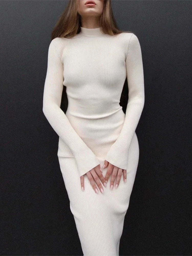 2024 Knitted White Turtleneck Elegant Fashion Midi Bodycon Dress