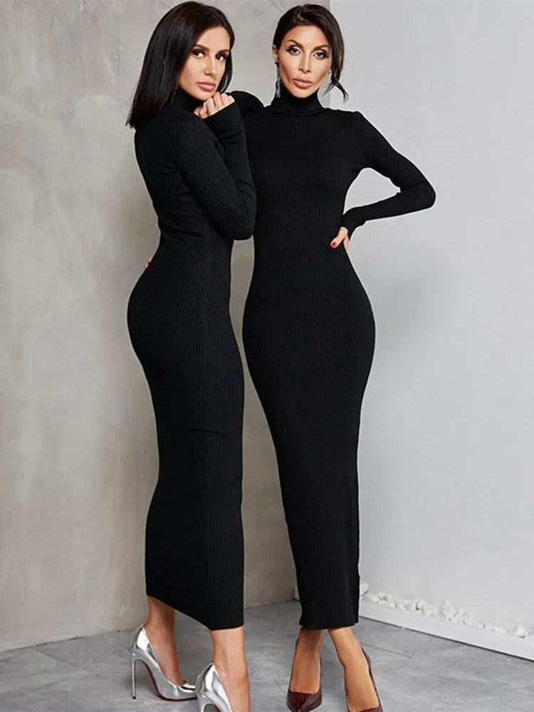 2024 Elegant Spring Turtleneck Knitted Ribbed Sheath Midi Bodycon Dress