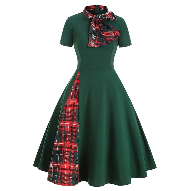 Plaid Patchwork Bow Collar Zipper Short Sleeve Vintage Christmas Costume Retro Office Party Midi Dress