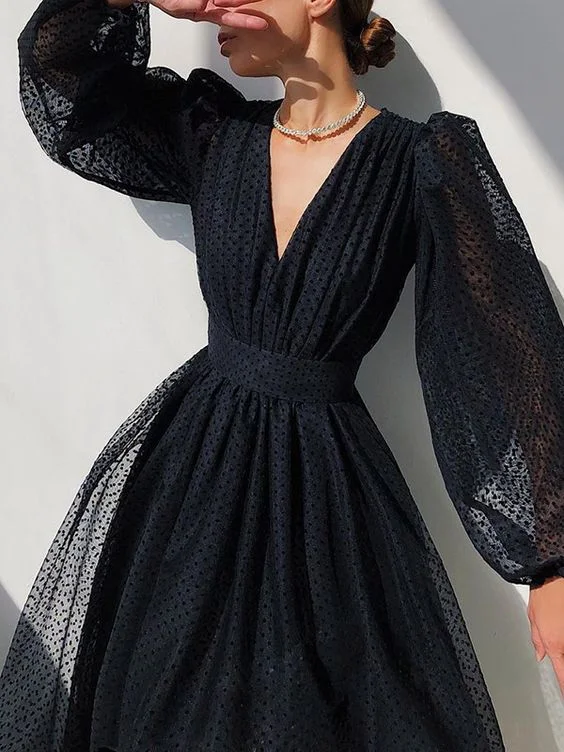 Gauze Polka Dot Puff Sleeves Midi Dress    S1245