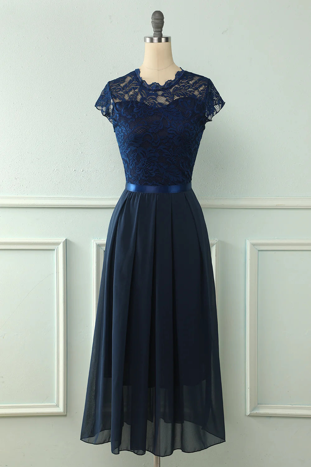 Navy Midi Lace Wedding Party Dress