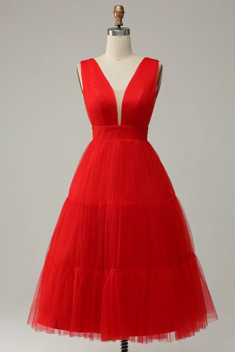 Red A Line Deep V Neck Midi Prom Dress with Open Back