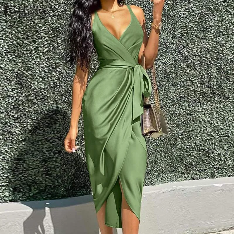 V-Neck Slip High Waist Satin Midi Dresses