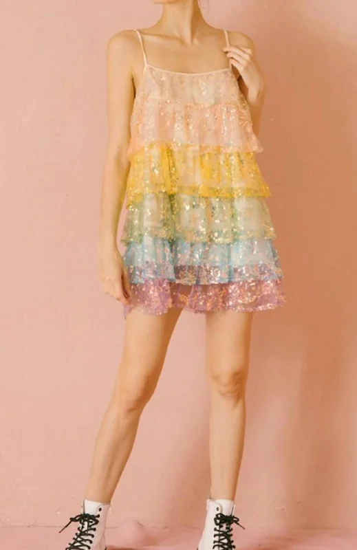 Mini Trapeze Swing Dress in Rainbow And Sequin