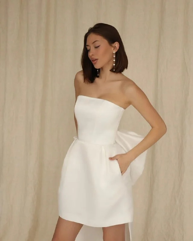 Simple Strapless Mini Above Knee Short Wedding Dress With Detachable Big Bow Elegant Back up Bridal Gown Robe De Mariee