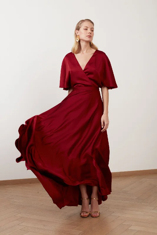 SOLENE burgundy red satin maxi evening dress