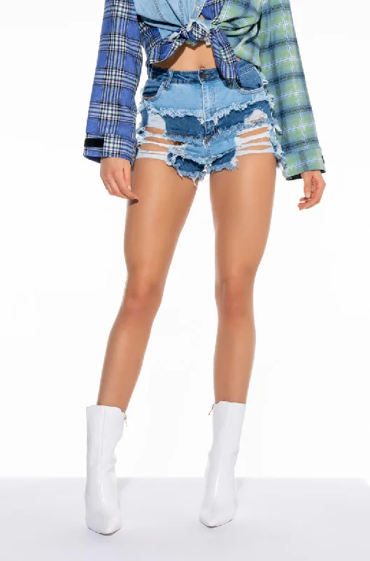 ALICE PATCHWORK DISTRESS HIGH RISE DENIM SHORTS