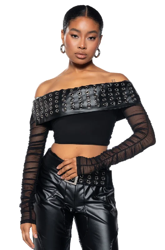 INVEST IN ME FAUX LEATHER OFF THE SHOULDER MESH TOP