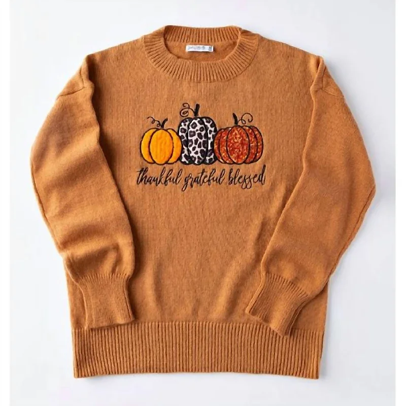 Women's Grateful Thankful Blessed Embellished Sweater In Pumpkin